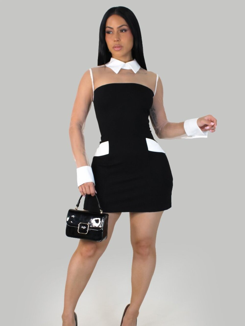 NWT Modern Heiress Black & White Color Contrast Part Mesh Mini Dress